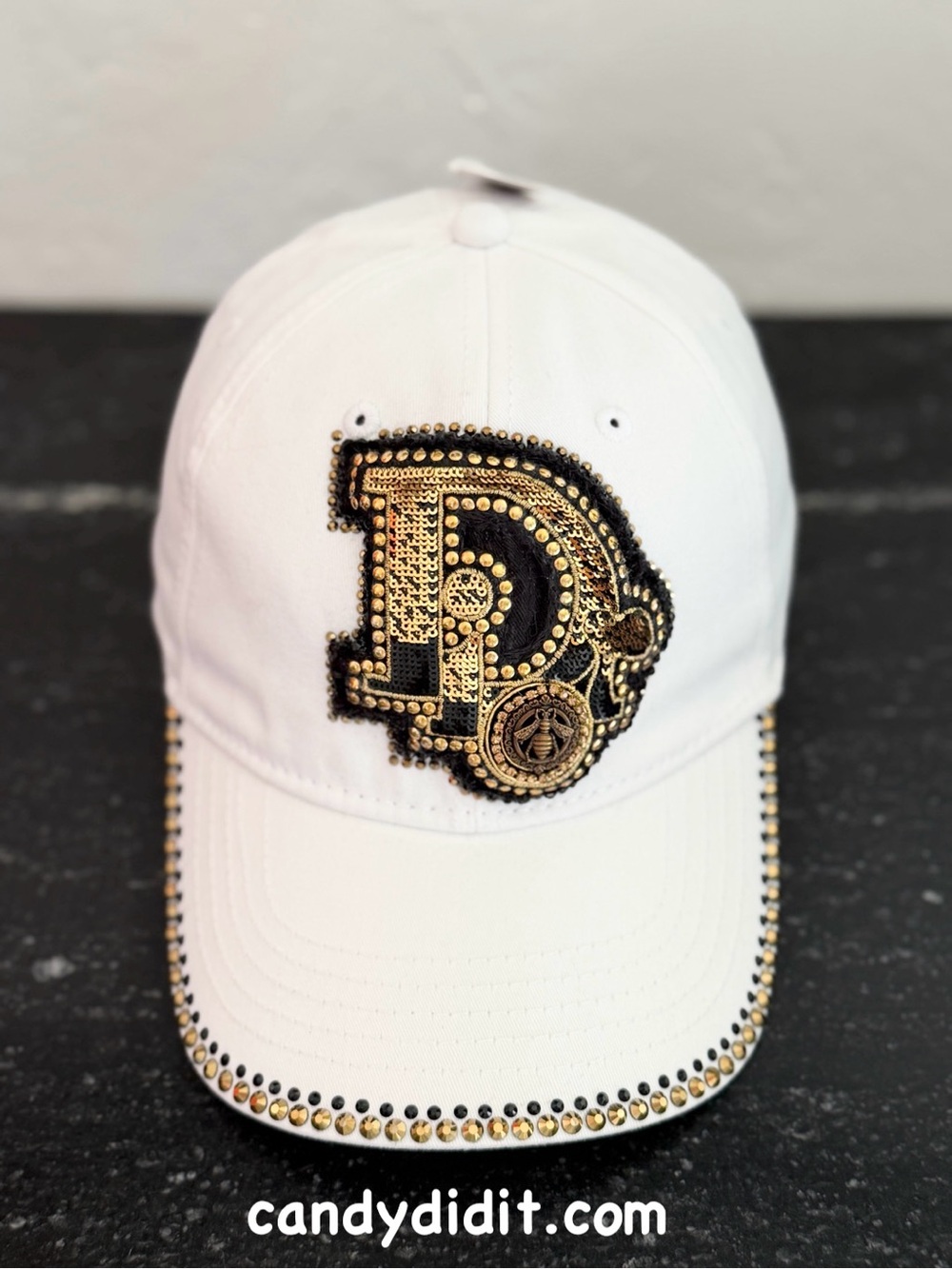 NWT Handmade White Embellished Dior Baseball Cap with Gold & Black Applique